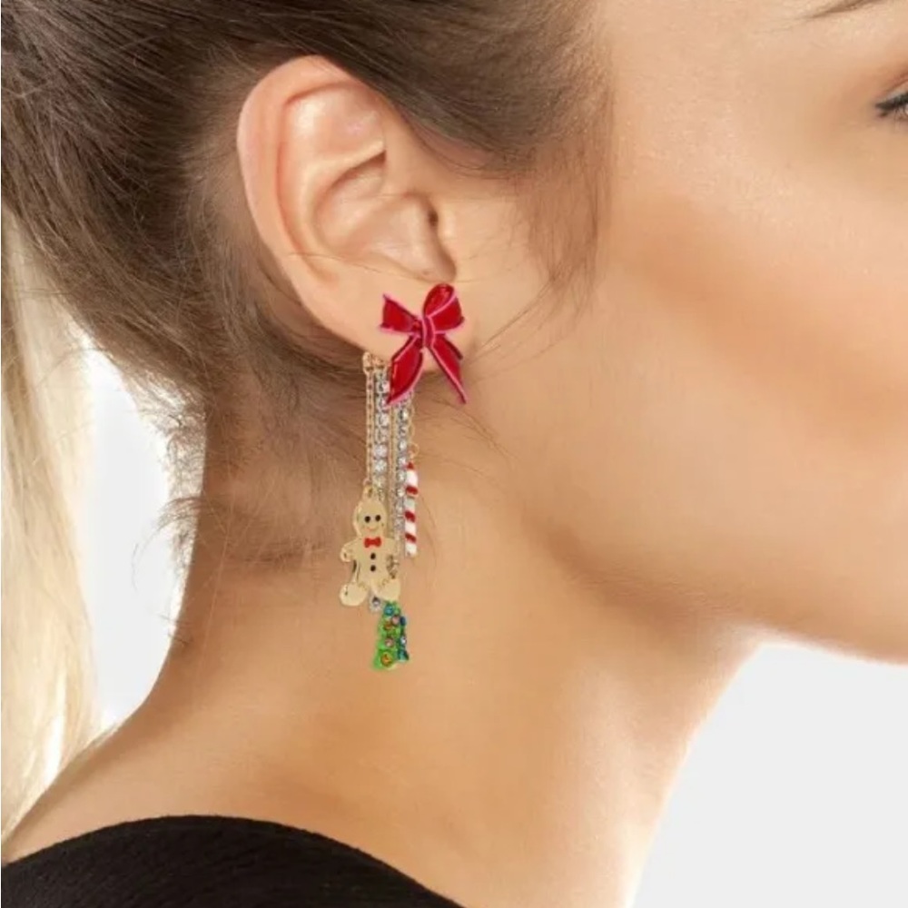 FIRM PRICE Betsey Johnson Gingerbread Man Candy Cane Xmas Tree Necklace Earring - Picture 3 of 7